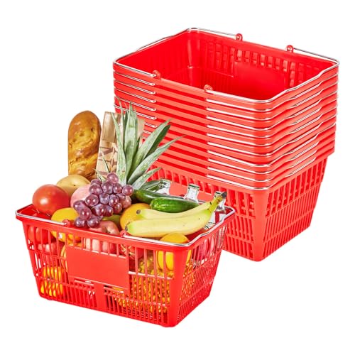 VEVOR Shopping Baskets, 12 PCS, 21L Stackable PE Plastic Grocery Baskets with Metal Handles, Dense Mesh Structure, Holds up to 20 lbs, Portable for Grocery, Retail, Stores, Supermarket, Home Use, Red - style: Plastic+Metal Red (12 PCS)