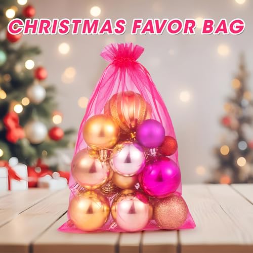 ANZNKU 50 Pcs Large Organza Bags 8x12, Small Mesh Gift Bag Drawstring Bulk - color: Hot Pink