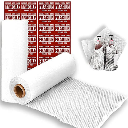onesimcr White Honeycomb Wrapping Paper Wrap 15"x131' Sustainable Alternative to Bubble Wrap for Moving/Transporting/Packaging Rolls with 20 Fragile Stickers Biodegradable and Fully Recyclable… - color: White