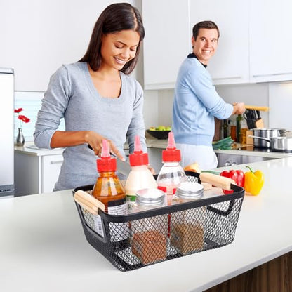 6 Pack Black Wire Basket with Wooden Handle, Storage Bins for Pantry