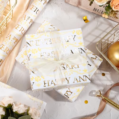 WRAPAHOLIC Happy Anniversary Wrapping Paper Roll - Mini Roll - 17 Inch x 16.5 Feet - Gold Foil Happy Anniversary Lettering Design Perfect for Celebration, Party - color: Happy Anniversary - Gold, size: 17 inch x 16.5 feet