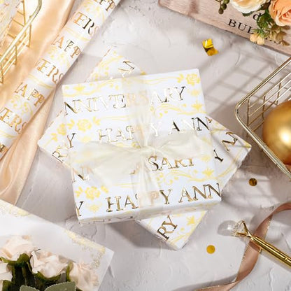 WRAPAHOLIC Happy Anniversary Wrapping Paper Roll - Mini Roll - 17 Inch x 16.5 Feet - Gold Foil Happy Anniversary Lettering Design Perfect for Celebration, Party - color: Happy Anniversary - Gold, size: 17 inch x 16.5 feet