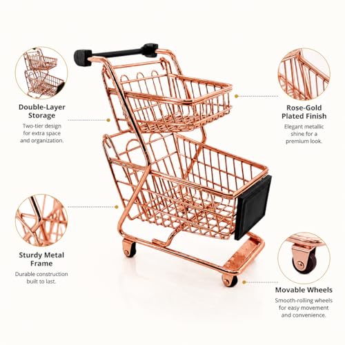 Miniature Shopping Cart Mini Double Layer Metal Supermarket Supermarket Handcart Shopping Utility Cart for Home Desktop Decor, Rose Gold