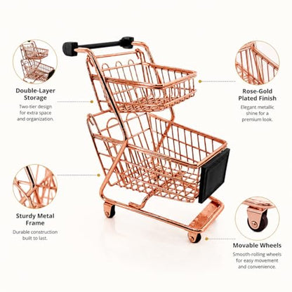 Miniature Shopping Cart Mini Double Layer Metal Supermarket Supermarket Handcart Shopping Utility Cart for Home Desktop Decor, Rose Gold