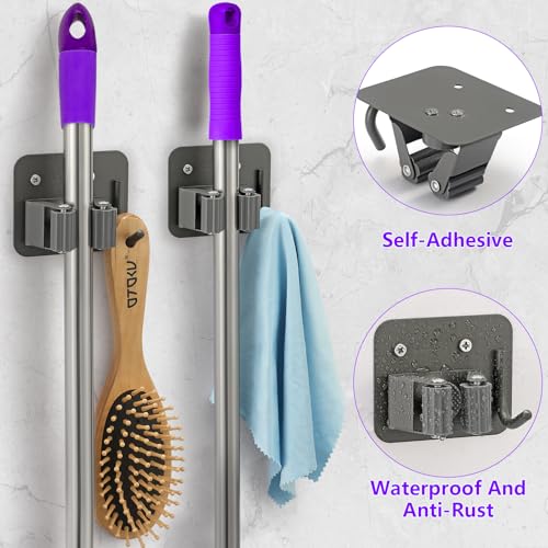 Broom Holder Wall Mount Rack, 304 Stainless Steel Mop and Tool Organizer - color: Gery