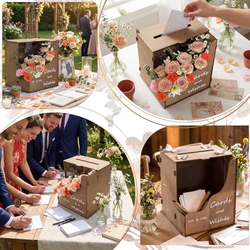 OurWarm Wedding Card Box with Wave Flower Trough, Gift Card Box for Wedding - color: Brown