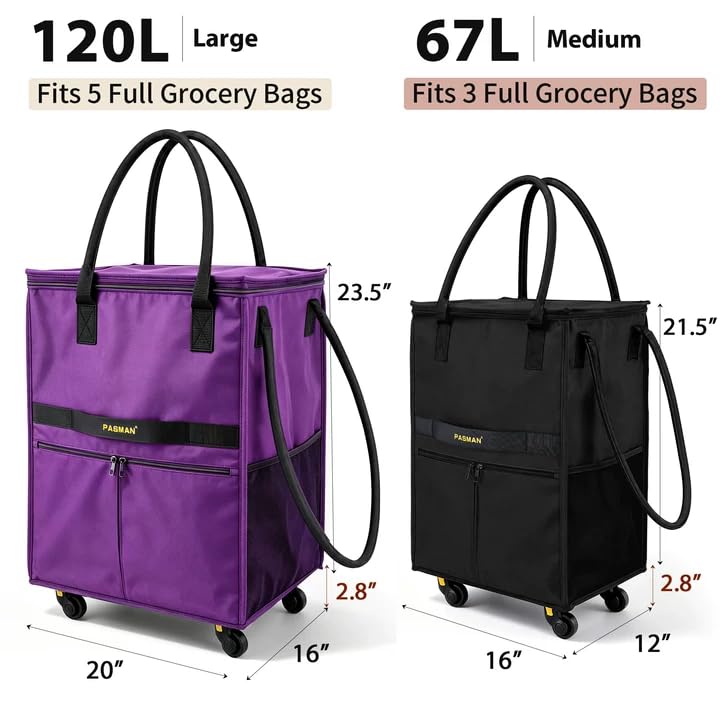 PASMAN Reusable Foldable Rolling Grocery Bag on 5 Wheels,Medium,Matte Black - color: Matte-black, size: Medium