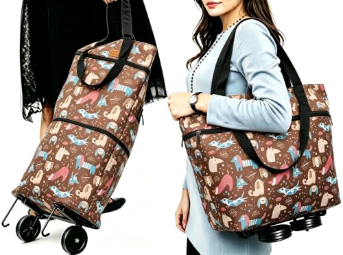 Upgrade Collapsible Shopping Bag with Wheels Portable Shopping Cart with 360° Swivel Wheels Rolling Tote Bag Reusable Grocery Bag for Travel Shopping and Daily Use (Extral Large Coffee) - color: Extral Large Coffee