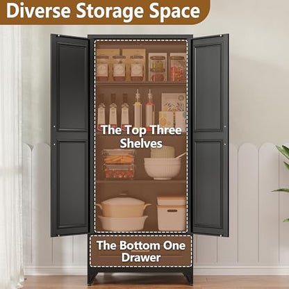 Polup 75" Metal Storage Cabinet, Tall Kitchen Pantry Cabinet with 1 Drawer - color: Black, size: 75"H - 1 Drawer