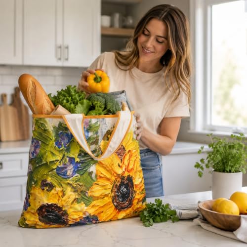 Foldable Grocery Tote Bag, Sunflower Print Shoulder Bag for Errands Travel - color: A1-big Sunflower