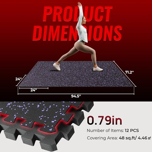 SUPERJARE 0.79'' Extra-Thick 12 Pcs 48 Sq Ft Exercise Equipment Mats - color: Black/Purple, size: 12 Tiles (48 Sq Ft)