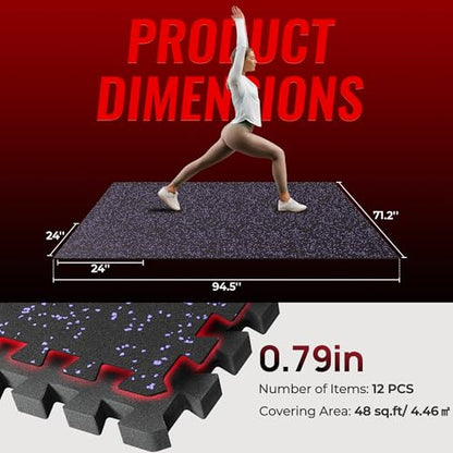 SUPERJARE 0.79'' Extra-Thick 12 Pcs 48 Sq Ft Exercise Equipment Mats - color: Black/Purple, size: 12 Tiles (48 Sq Ft)