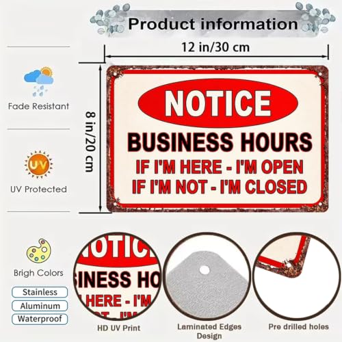 Vintage Notice Business Hours Aluminum Metal Sign 8X12in