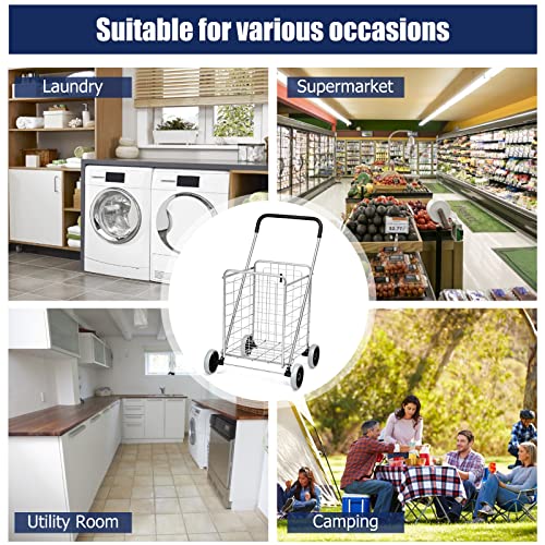 COSTWAY Shopping Cart with Wheels, Folding Grocery Cart with Basket