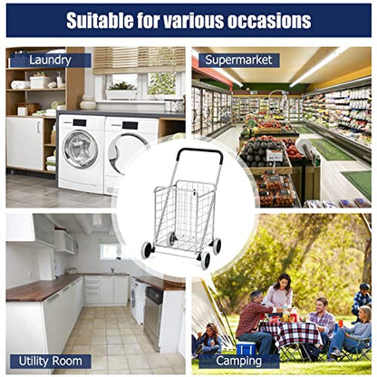 COSTWAY Shopping Cart with Wheels, Folding Grocery Cart with Basket