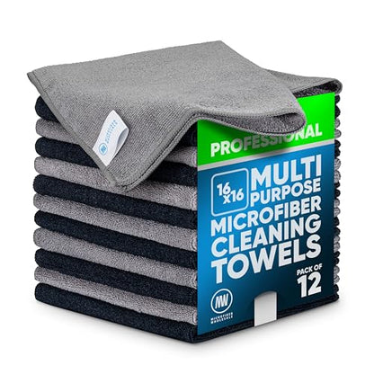MW Pro Microfiber Cleaning Cloth | Black Gray | 12 Pack | 16” x 16” | All Purpose Microfiber Towels - Clean, Dust, Polish, Scrub, Absorbent - color: Black, Gray
