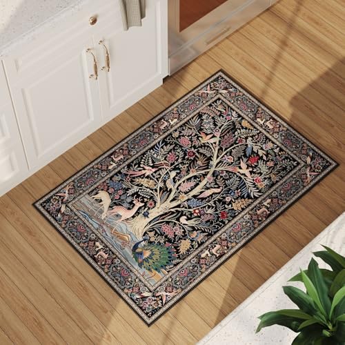 Rugcomf Small Area Rug 2x3 Door Mat Washable Tree of Life-Patterned, Black - color: Black—tree of Life-patterned, size: 2' x 3' (Rectangular)