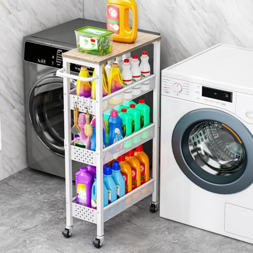 Vivihomety 4-Tier Slim Utility Rolling Laundry Cart with Wheels, Metal - color: White, size: 7.1 inch wide