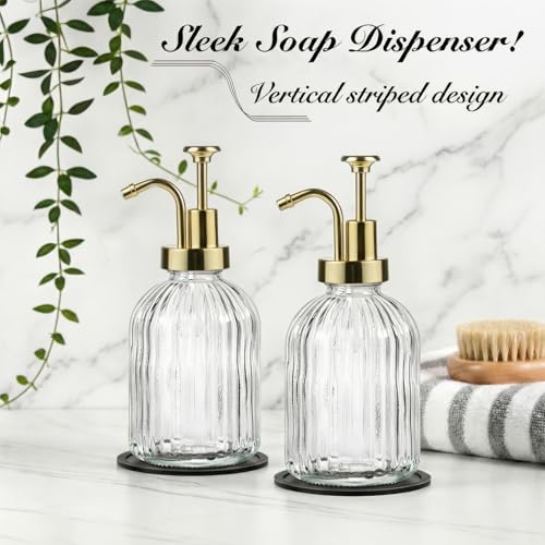 SheeChung 12oz Clear Glass Liquid Soap Dispenser, Gold Pump, Striped,1 Pack - color: Clear, Gold Pump, 1pc