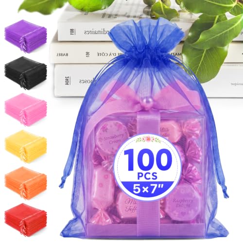 ANZNKU 100PCS Organza Bags 5x7 Blue Small Gift Mesh Drawstring Goodie Bags - color: Royal Blue