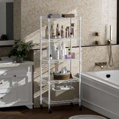 SINGAYE 5 Shelves Storage Shelf Wire Shelving Unit Metal Adjustable Wheels - color: White, size: 5Tier/11.5"D X 17.5"W X 57"H