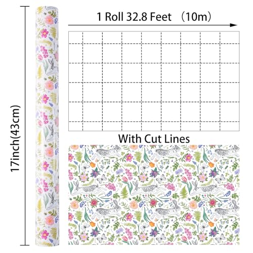 Ulmasinn Easter Wrapping Paper Roll - 17 Inches x 33 Feet - Adorable Bunny Rabbits and Flower Design with Cut Lines Great for Traditional Easter, Holiday and Party - color: Floral-Easter