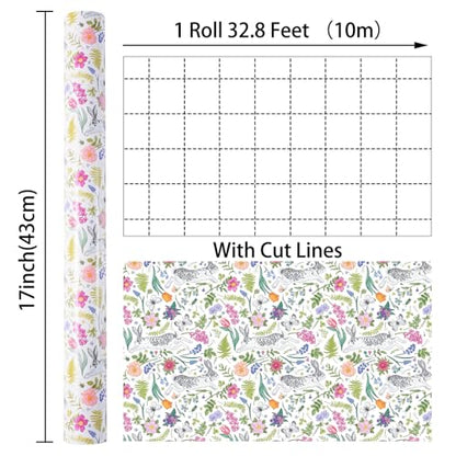 Ulmasinn Easter Wrapping Paper Roll - 17 Inches x 33 Feet - Adorable Bunny Rabbits and Flower Design with Cut Lines Great for Traditional Easter, Holiday and Party - color: Floral-Easter