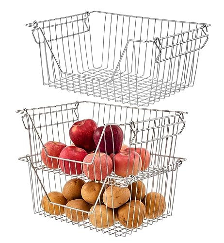 Stackable Wire Metal Baskets Sturdy Cabinet Organizer Wire Pantry Freezer Bin with Handle for Home Bathroom Kitchen Fruit Vegetable Organization, Chrome, 3Packs - size: 14"Lx 10.8"Wx 6.1"H - Chrome