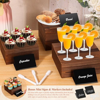 Qinzave 7 Pack Wooden Risers Display Stands with Acrylic Maker Pen and Mini Sign, Food Risers for Buffet Table Shelf Display Stand for Party Catering Dessert Cupcake Jewelry - color: 8.8" 8" 7" 6.5" 6" 5" 5"