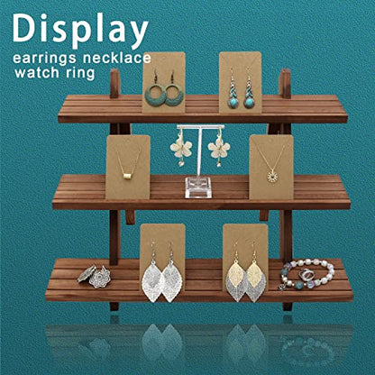 51pcs 3-Tier Wood Earring Display Stand, Retail Display Riser Earring, Ring Holder Stand, Removable Countertop Small Merchandise Display Stand with 50 Pcs Earring Card (Light Brown) - color: 3 Tier