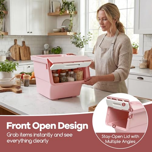 GIANTEX 3 Pack Plastic Stackable Storage Bins with Lids & Wheels, 12.5 QT - color: White + Pink, size: 3 Pack, 12.5 QT