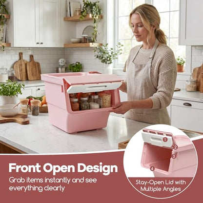 GIANTEX 3 Pack Plastic Stackable Storage Bins with Lids & Wheels, 12.5 QT - color: White + Pink, size: 3 Pack, 12.5 QT