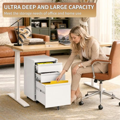 3 Drawer Mobile File Cabinet with Lock, White Metal - color: White