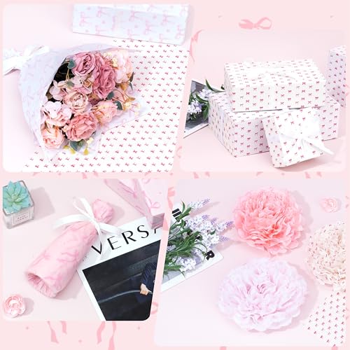 Larcenciel Pink Bow Tissue Paper, Coquette Gift Wrapping Tissue Paper for Gift Bags, Boxes & Crafts, Elegant Art Packaging Supplies for Birthday, Wedding, Baby Shower, Holidays Deco, 60 Sheets 20x14in - color: Pink Bow