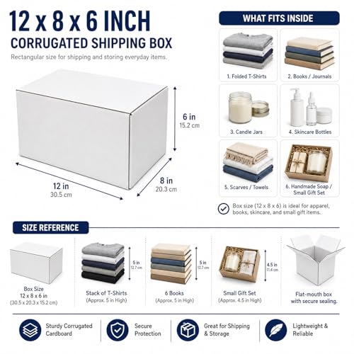12x8x8 White Shipping Boxes, 25 Pack - size: 12x8x6 Inch