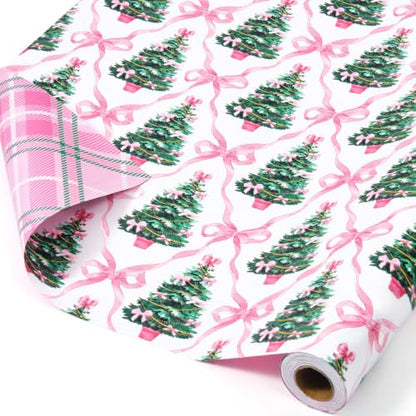 WERNNSAI Pink Christmas Wrapping Paper 17 In x 33 Ft Xmas Tree Gift Wrap - color: Christmas Pink Bow