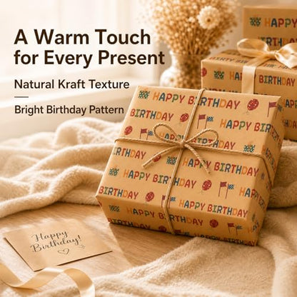 Ulmasinn Kraft Birthday Wrapping Paper Roll - 17" x 16.4 Ft with Grid Cut Lines, Happy Birthday Print for Easy Wrapping, Kids Party, Baby Shower - color: Kraft Birthday