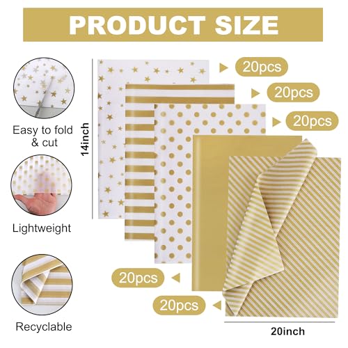 BEISHIDA 100 Sheets Gold White Tissue Paper Bulk for Gift Wrapping Gift Bag - color: whitegold