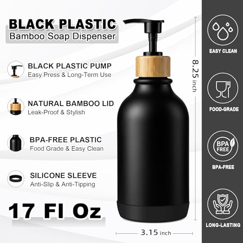 KASUNTING Hand Soap Dispenser Bathroom with Anti-Slip Silicone Boot, Black Dish Soap Dispenser for Kitchen, 2 Pack 17 Fl Oz Plastic Hand and Dish Soap Dispensers Set with Bamboo Pump - color: Black, size: 2 Bottles with Silicone Boots