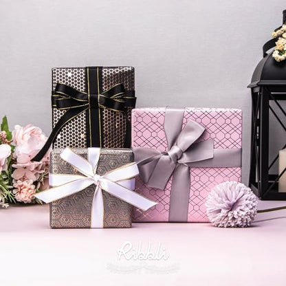 Ribbli Rose Gold Pink Birthday Wrapping Paper Mini Roll, 3 Rolls Grey Pink Black Geometry Pattern with Rose Gold Foil for Valentines Day Mothers Day Wedding - 17 inch x 120 inch(10feet) Per Roll - color: Grey/Pink/Black