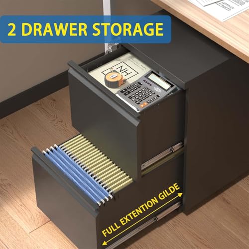 Guizeeopo 2 Drawer Locking File Cabinet, Fully Assembled Heavy-Duty Metal Filing Cabinets for Home Office, Quiet Slides, Anti-Tipping Wheels, Fits A4/Letter/Legal, Matte Black - color: 04-b Black