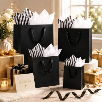 Offizon 12 PCS Black Gift Bags in 3 Sizes with Stripe Tissue - color: 3 Sizes-Black-12PCS