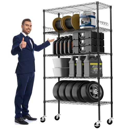 Storage Shelves 75"H Wire Shelving Unit with Wheels 1750LBS Heavy Duty Metal Shelves for Storage Adjustable 5-Tier Garage Storage Rack Kitchen Pantry Shelves Rolling Shelf on Casters, 14"D x36"W x75"H - size: Heavy 5 Tier Shelf