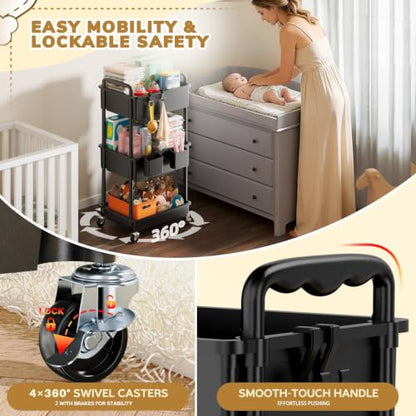 Goovilla Diaper Cart with Lockable Wheels and Easy Assembly, 3 Tier Black - color: Black