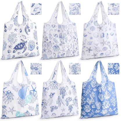 Abbylike 6 Pcs Reusable Grocery Bags 50lbs Coastal Foldable Shopping Bag - color: Blue White, style: Ocean