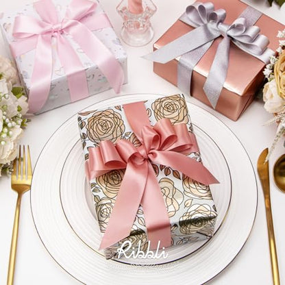 Ribbli Rose Gold Mother’s Day Wrapping Paper Mini Roll, 3 Rolls Happy Birthday Floral Heart Gift Wrap for Women Girl Friend Wedding - 17 inch x 120 inch(10feet) Per Roll - color: Rose Gold