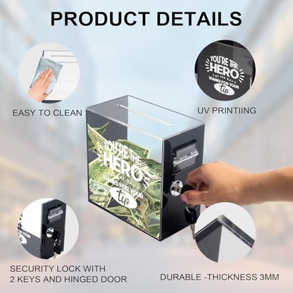 Acrylic Tip Jar with Lock and 2 Keys Donation Box with Double-Sided Adhesive for Wall Mount -Secure Tip Box for Bartenders, Restaurants & Small Business Raffle Box for Bar Musicians Driver 6x6x3 Inch