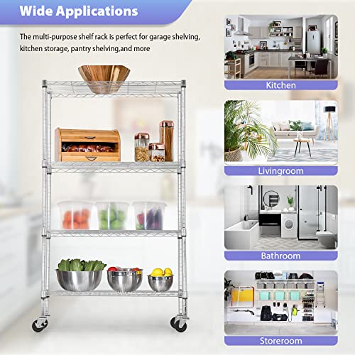 FDW | 4-Tier Wire Shelf with Wheels | 36" x 14" x 62" | Chrome - color: Chrome, size: 36×14×62