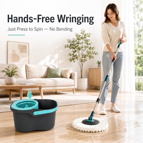 Lambert Home Spin Mop and Bucket Set with Wringer, Hands-Free Self-Wringing Floor Mop, 2 Washable Microfiber Mop Heads, 42.1-50 in Adjustable Stainless Steel Handle, Gray Blue