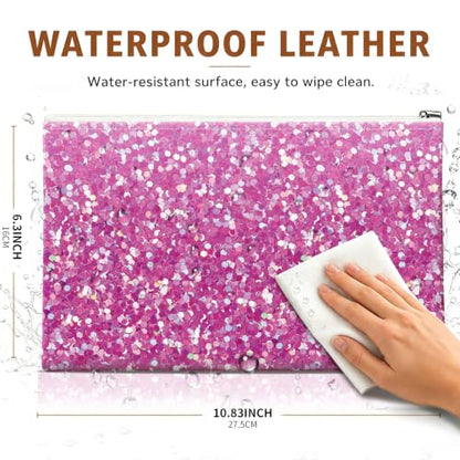 Money Bag with Zipper, Cute PU Leather Cash Bags, Portable Bank Bag Money Pouch for Cash, Coins, Checks, Receipts, Invoices Cosmetics Tools, Deposit Bag for Office Travel, Pink Glitter - color: Pink Glitter